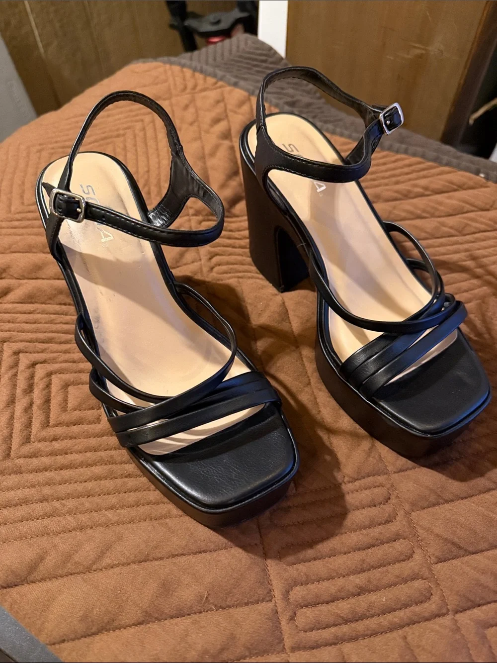 Soda Black Strappy Platform Block Heels